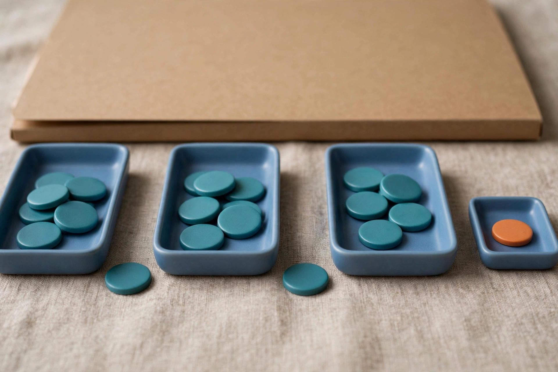 Three blue trays with teal tokens in a sequence and one orange token in a separate tray are arranged on a textured surface.