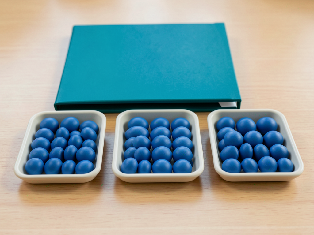 Three shallow trays of blue tokens are arranged on a wooden desk in front of a teal folder, symbolizing a project handoff process.