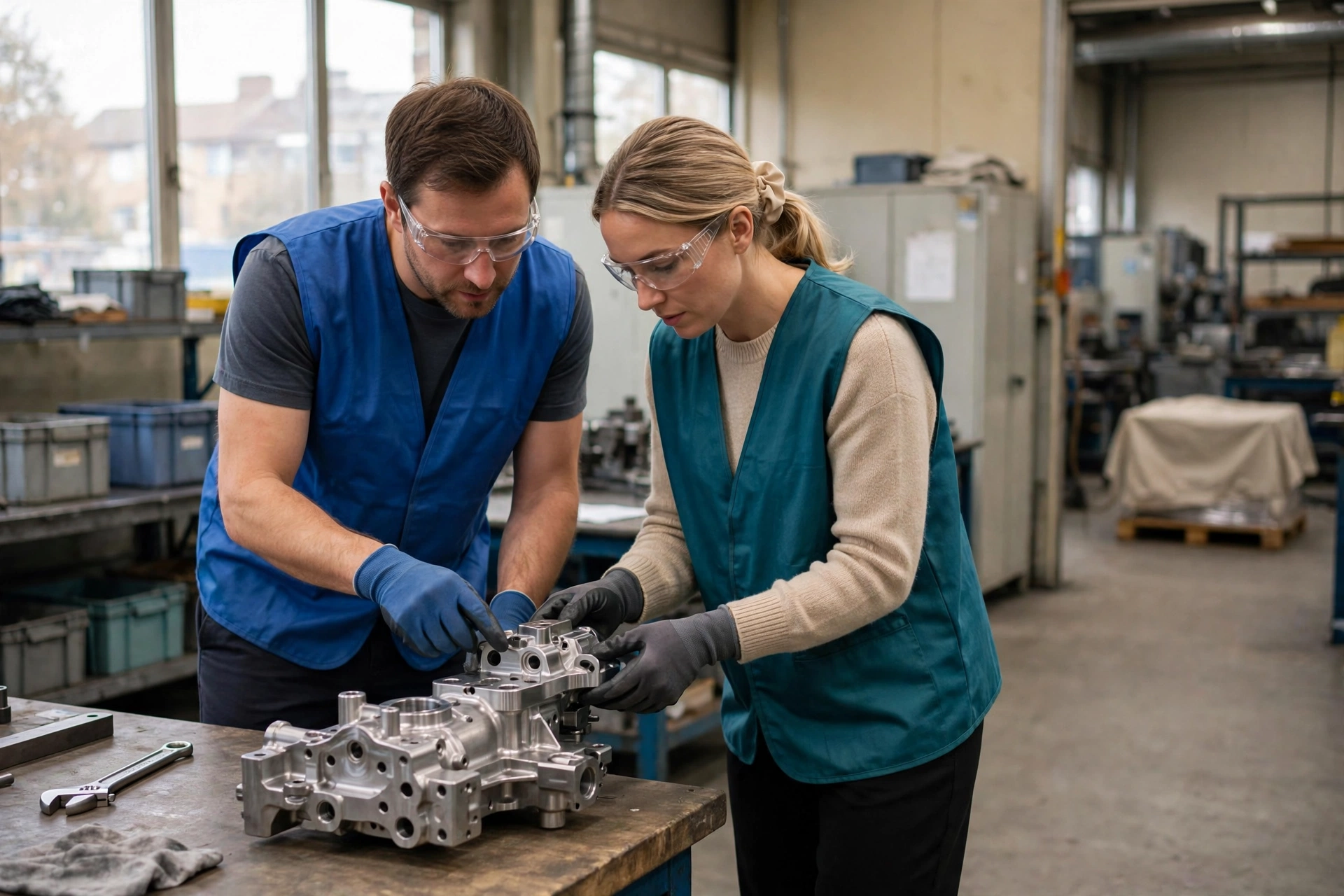 A man and a woman in safety glasses and vests inspect a metal component at a workbench in a factory.