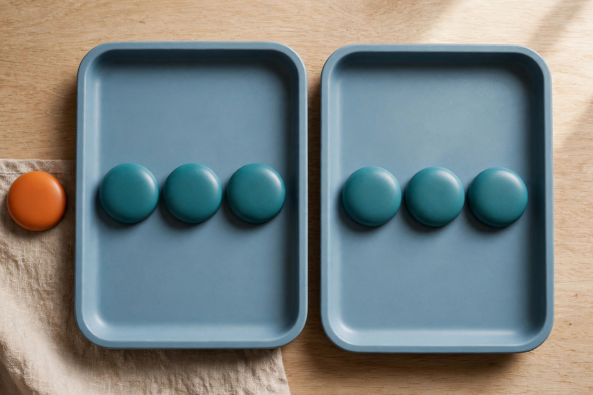 Two blue trays hold rows of teal tokens, with an orange token placed beside one tray on a wooden surface.