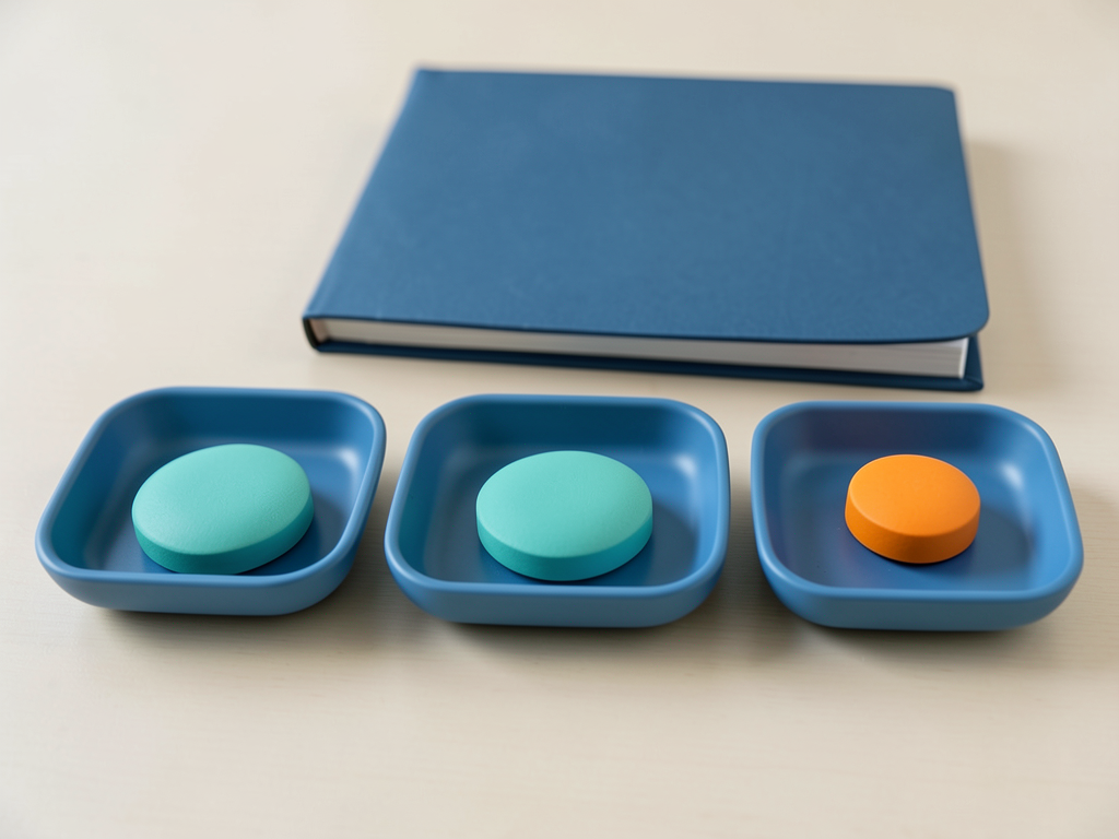 Three blue trays with teal tokens in a row, and a fourth blue tray with an orange token, sit before a closed blue folder.