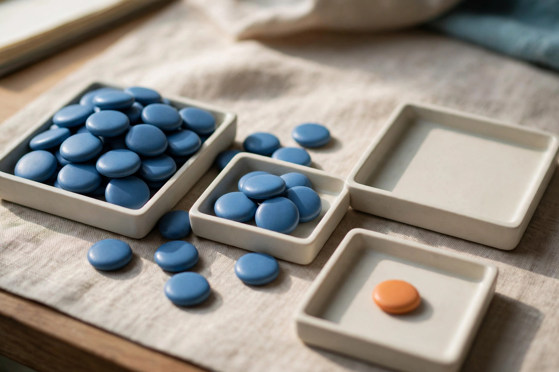 Three shallow trays hold blue tokens, with one tray containing an orange token, arranged on a textured surface.