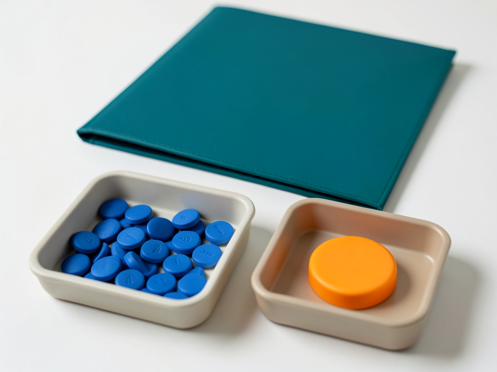 Blue tokens are distributed in a tray, with a single orange token in a separate tray, and a teal folder is behind them on a white surface.