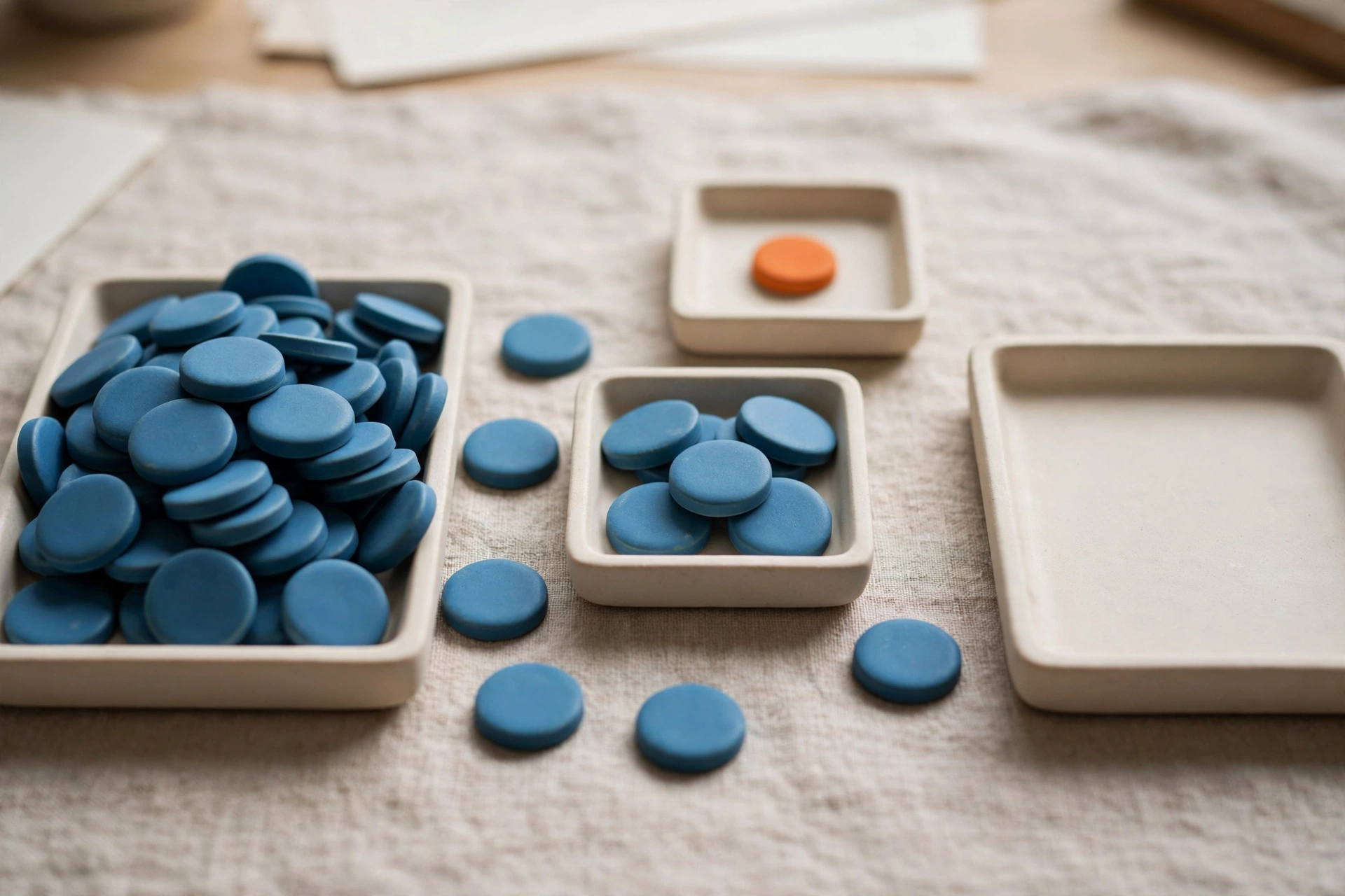 Three shallow trays hold blue tokens, with one tray containing an orange token, arranged on a textured surface.
