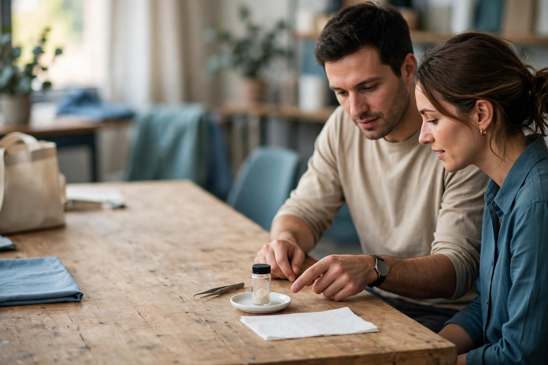 A man and a woman sit at a wooden table, looking at a small vial of white powder and tweezers.