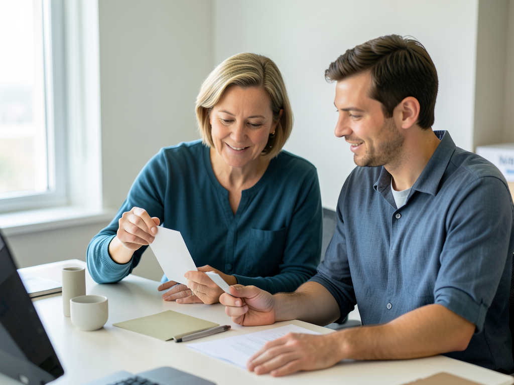 A woman and a man sit at a table reviewing a small white card together.