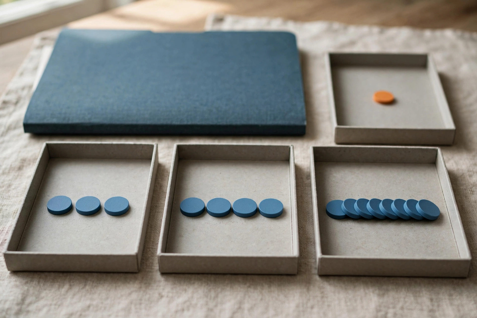 Three office trays with blue tokens progress from left to right, with an orange token isolated in a fourth tray.