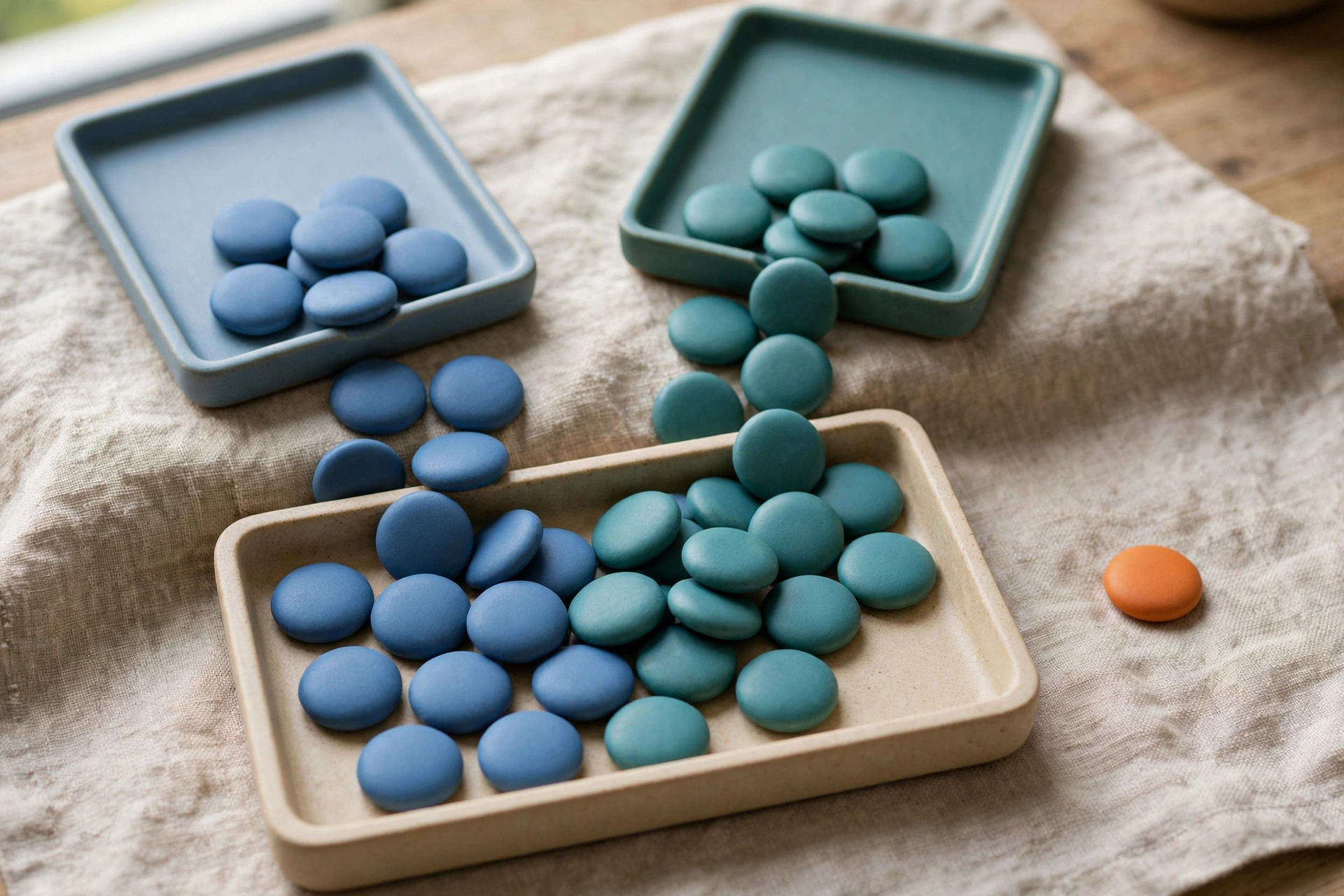 Two square trays of blue and teal tokens are shown, with tokens spilling into a larger rectangular tray, and one orange token sits to the side.