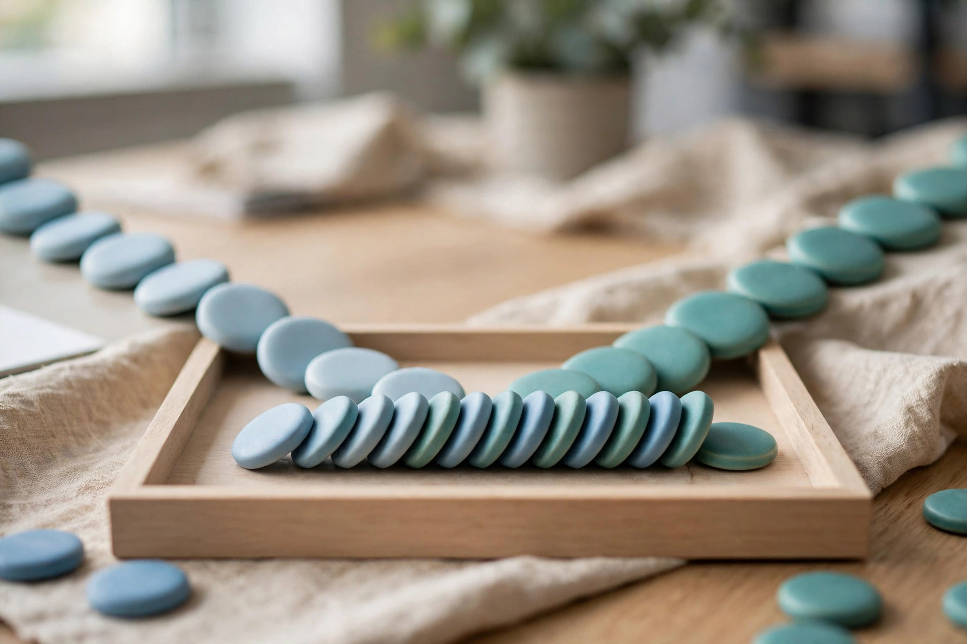 Two streams of blue and teal ceramic tokens converge into one ordered row within a wooden tray.