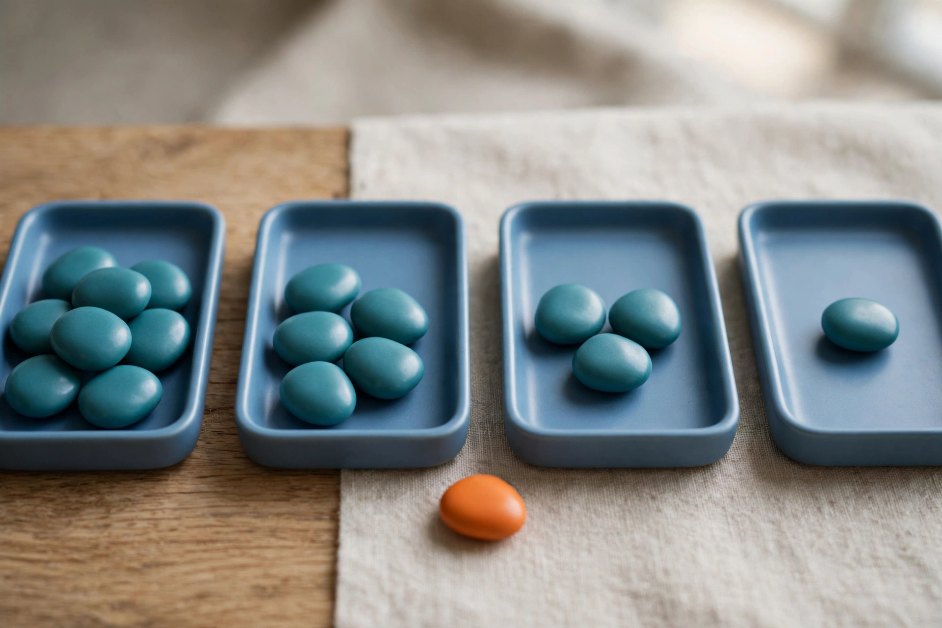 Four blue trays with teal tokens arranged left to right, and one orange token isolated to the side, on a neutral surface.