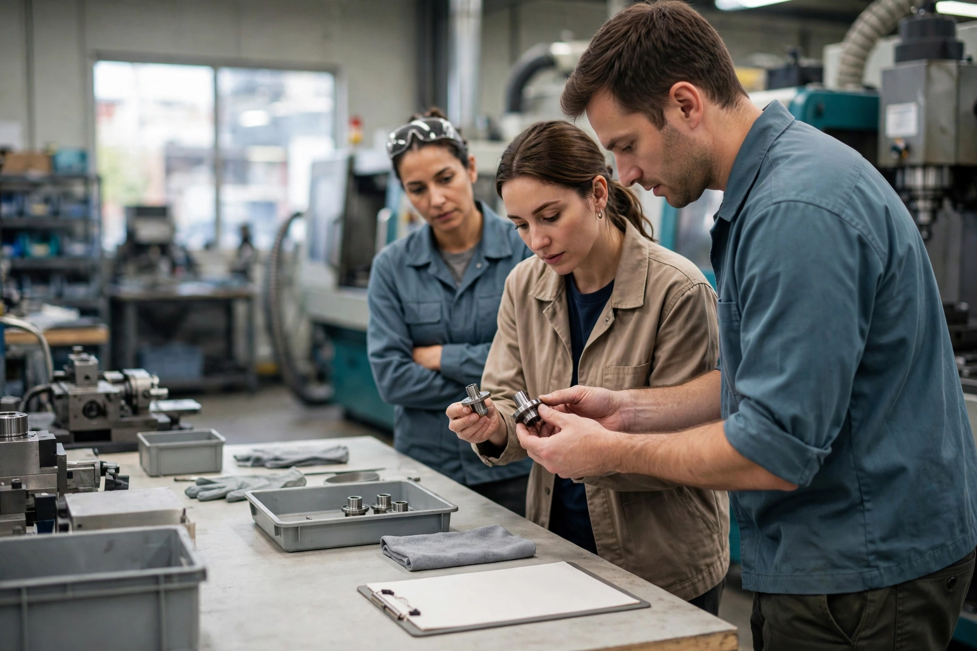 Three manufacturing workers compare sample parts at a clean assembly station with machinery in the background.