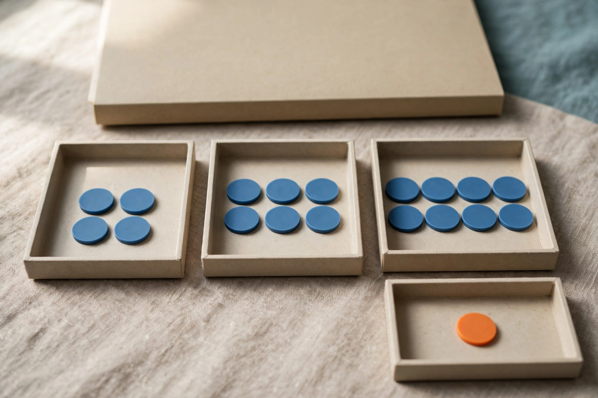 Four shallow office trays with blue tokens progress from left to right, with one orange token isolated in the fourth tray.