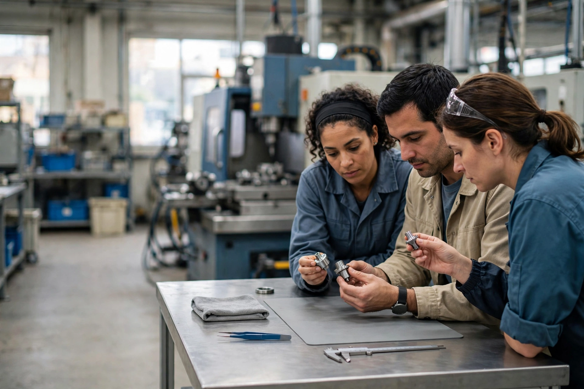 Three manufacturing workers compare sample parts at a clean assembly station with machinery in the background.