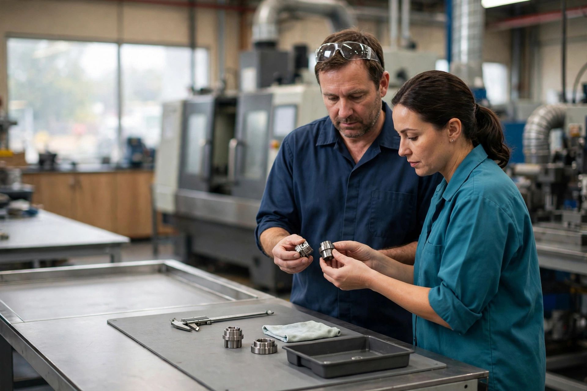 A man and a woman in a manufacturing facility compare two metal parts while standing at a clean assembly station.