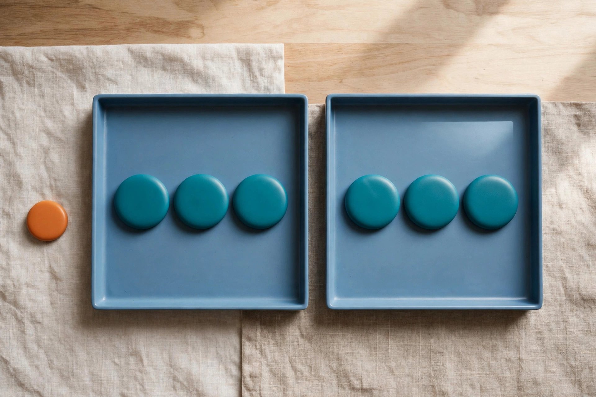 Two blue trays with teal tokens sit side by side on a neutral cloth, with an orange token outside the left tray.