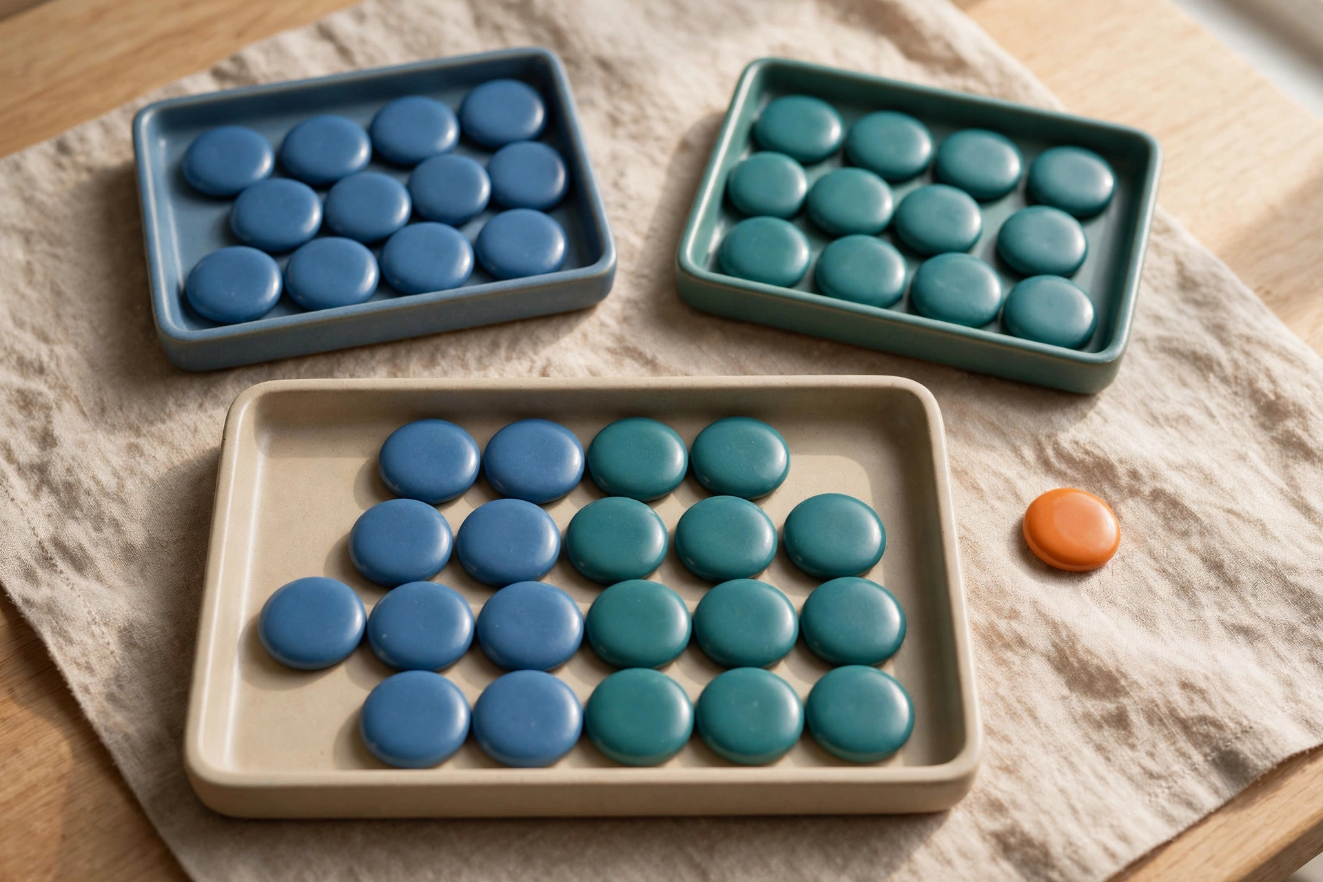Two trays of blue and teal tokens converge into a single organized tray, with one orange token isolated nearby.