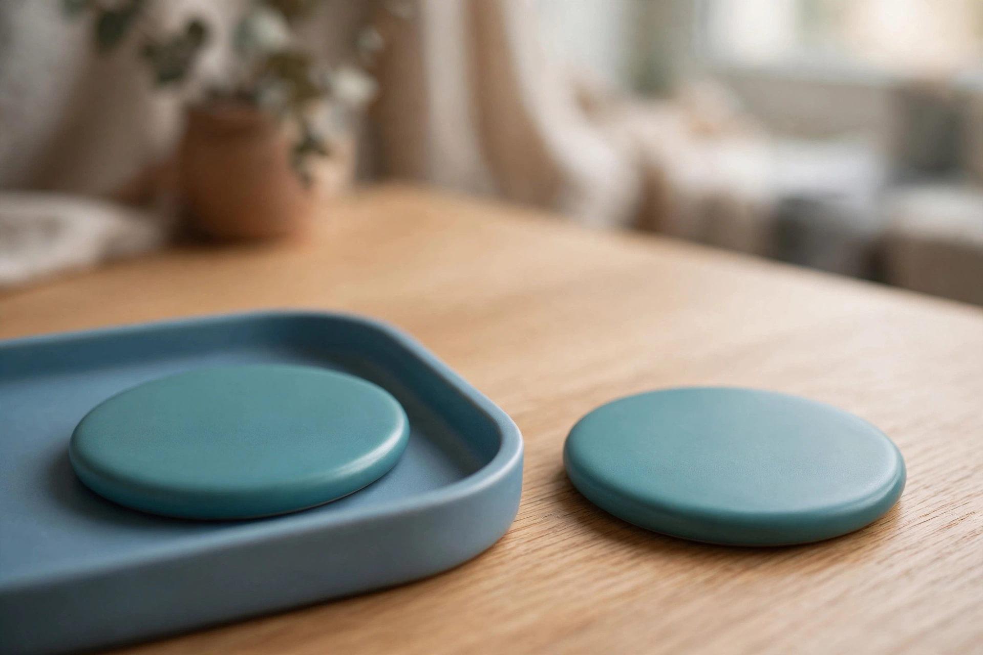Two identical teal discs are shown on a wooden desk; one disc is placed inside a blue tray, and the other is placed separately outside the tray.