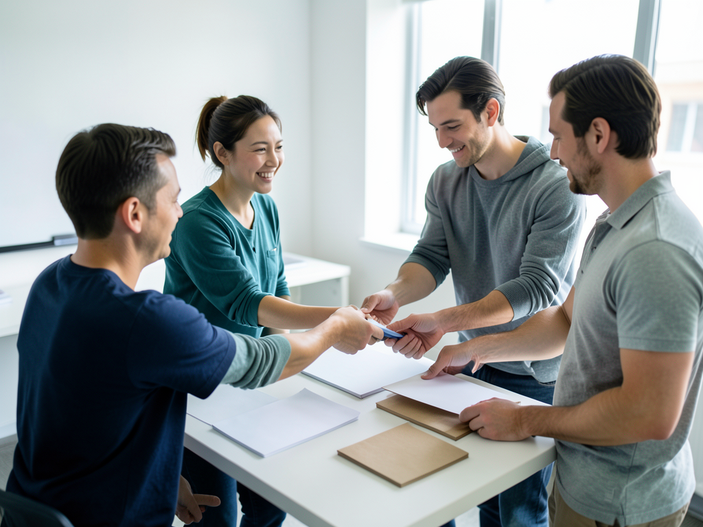 Four people in a bright room are gathered around a table, exchanging papers and discussing a project.