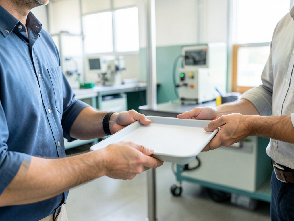 A man in a blue shirt hands a white tray to another man in a light-colored shirt in a manufacturing workshop.