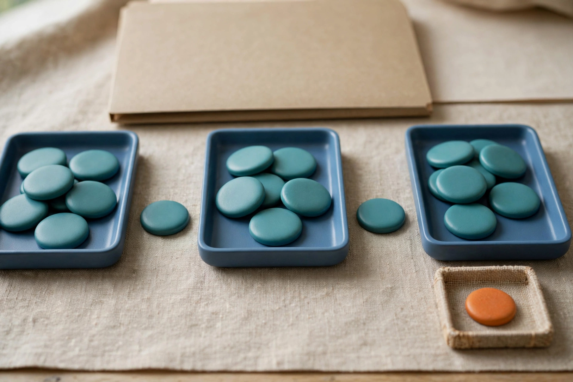 Three blue trays with teal tokens in a row, a single teal token between each, and an orange token in a small separate tray, with a closed folder behind.