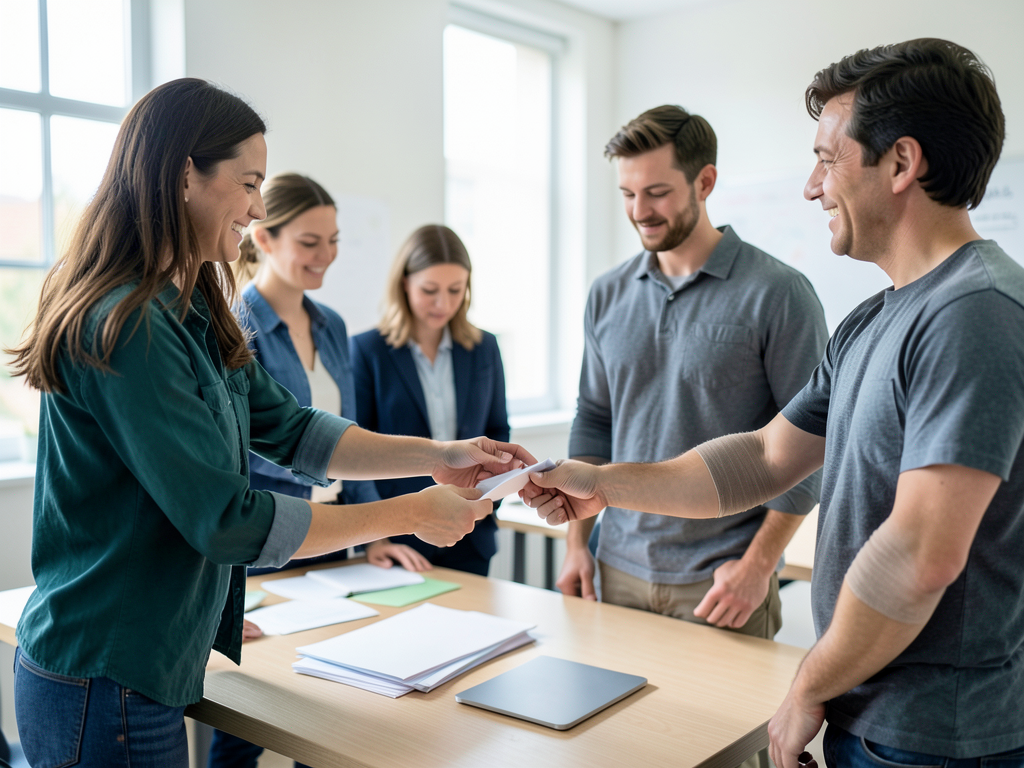 A woman hands a document to a man while two other women and a man observe in a bright project room.