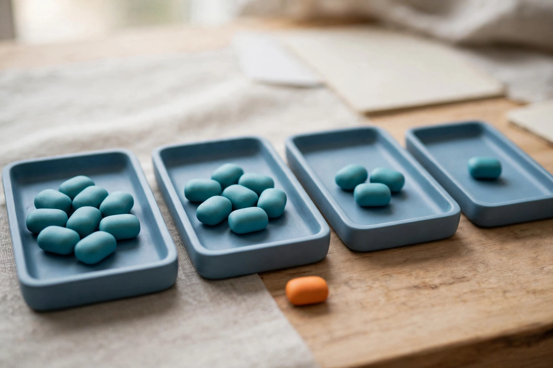 Four blue trays with progressively fewer teal tokens and one orange token beside a tray on a wooden surface.