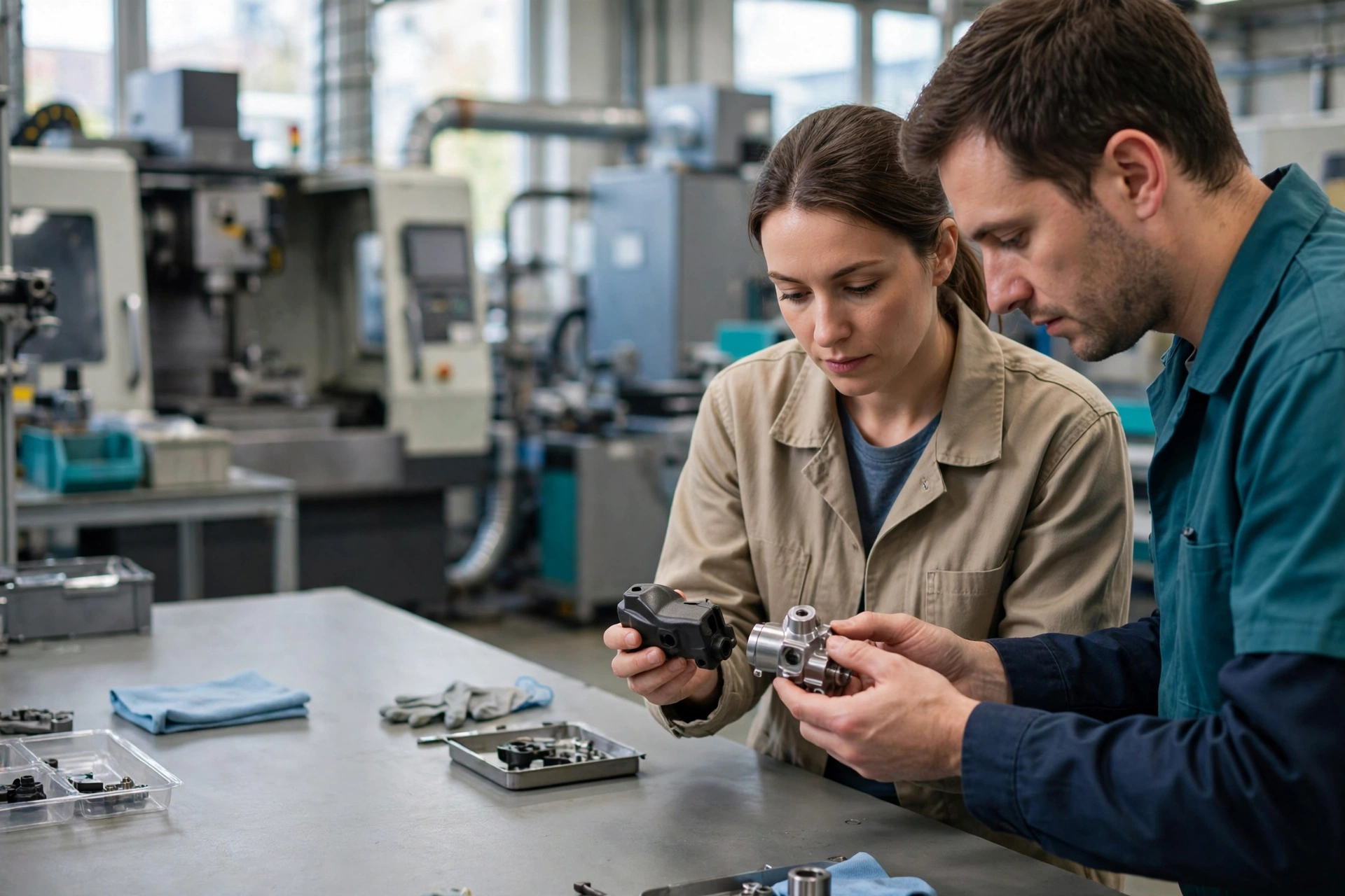 A man and a woman in a manufacturing setting examine two metal components at a workbench.