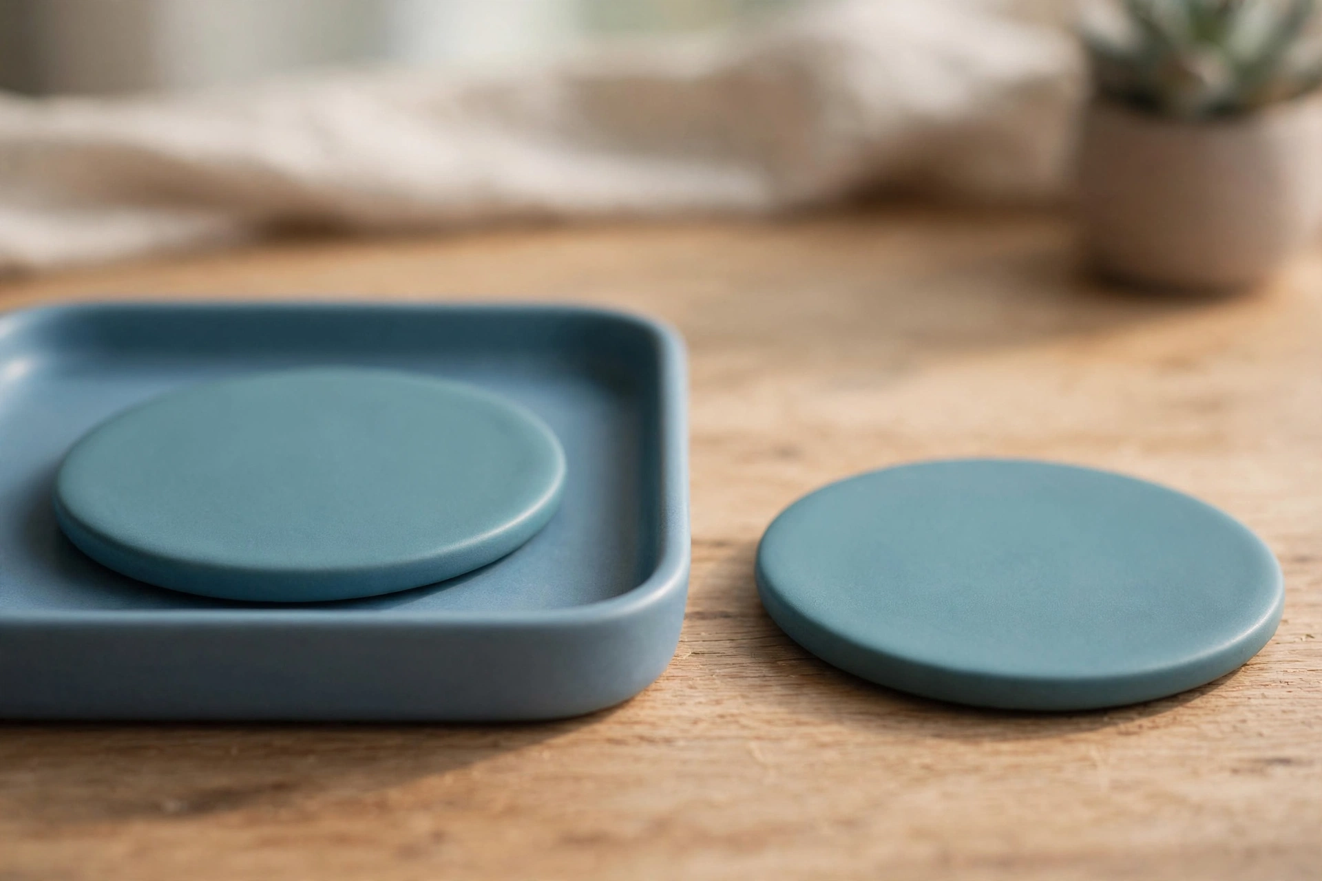 Two identical teal discs are shown, one resting in a blue tray and the other placed separately on a wooden surface.