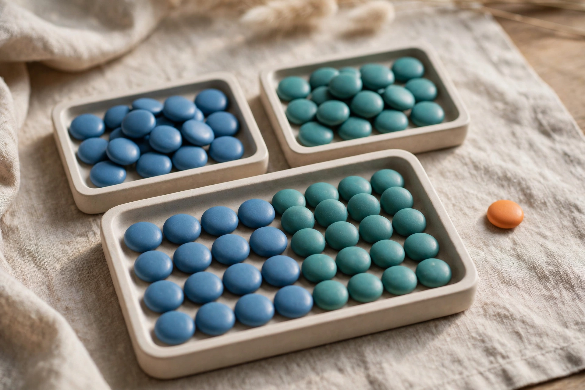 Two square trays of blue and teal tokens are shown, with one tray containing a mix of both colors, symbolizing integration.