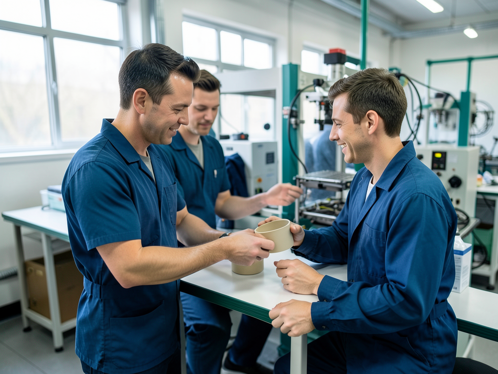 Three men in blue work uniforms compare two cylindrical parts at a clean assembly station with machinery in the background.