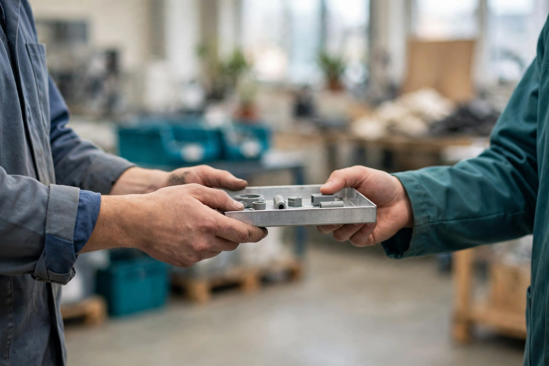 A colleague in a blue work jacket hands a metal tray with parts to another colleague in a green jacket in a bright manufacturing workshop.