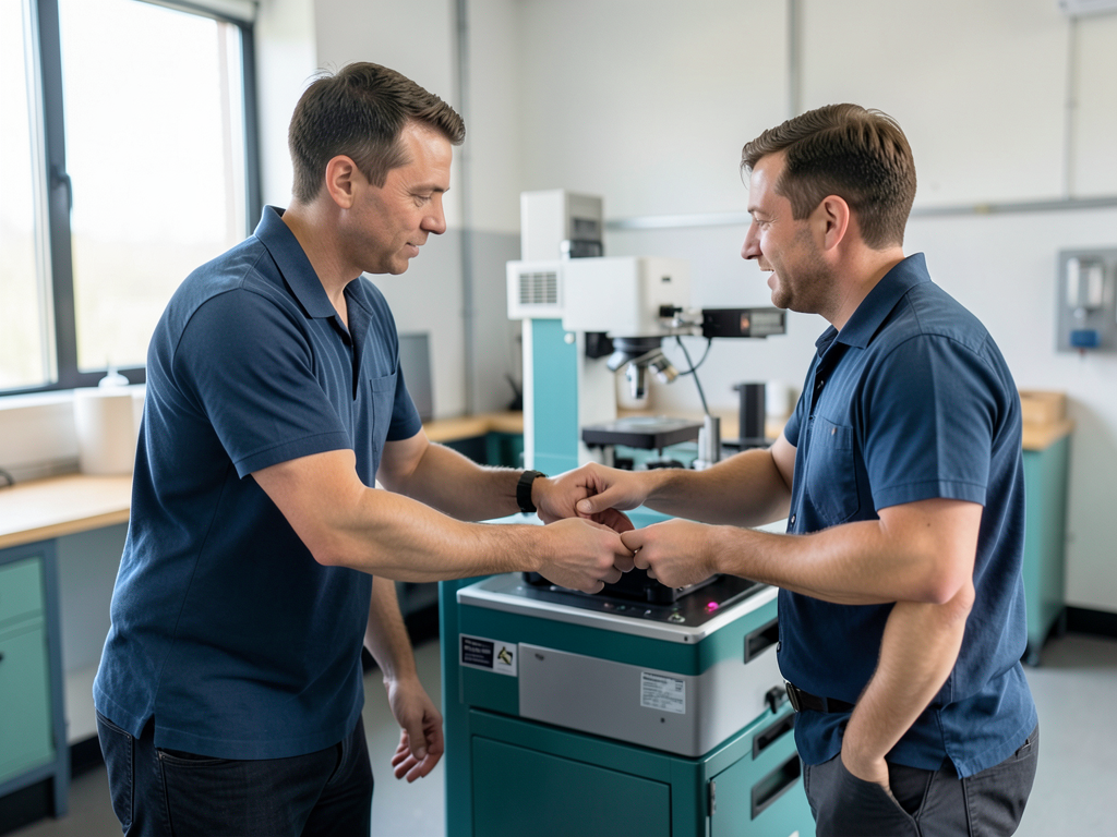 Two men in blue shirts shake hands while working on a piece of industrial equipment in a workshop.