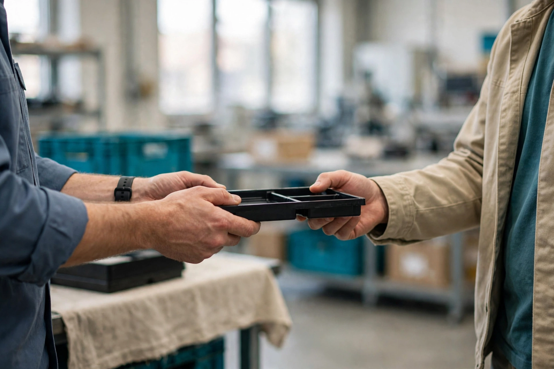 A man in a blue shirt hands a black sample tray to another man in a tan jacket in a bright manufacturing workshop.