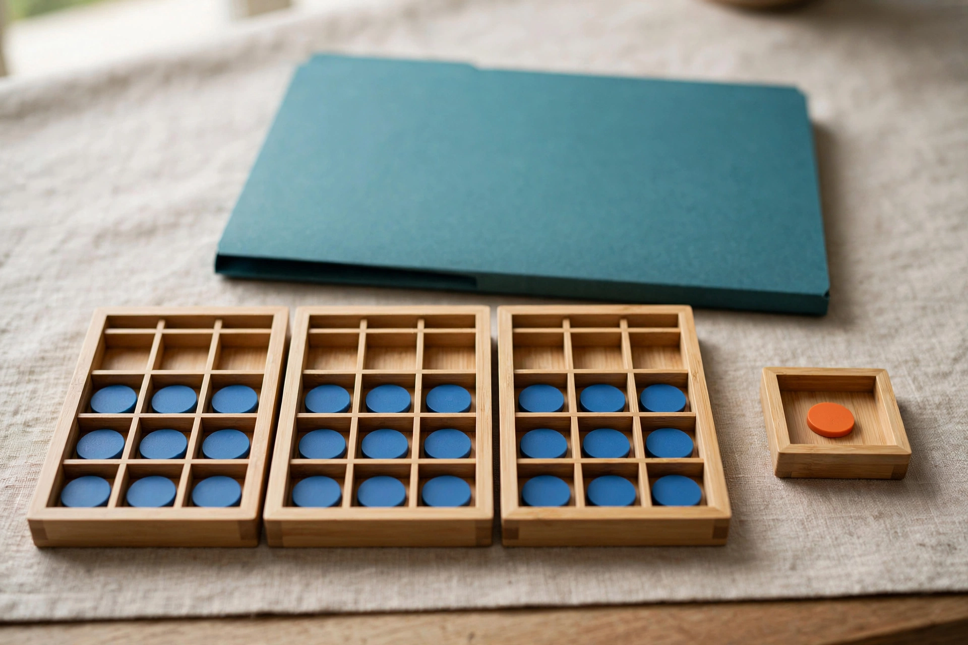 Blue tokens are distributed in wooden sorting trays, with one orange token in a separate small tray, and a teal folder behind.