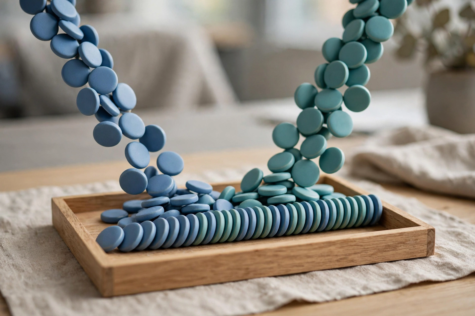 Two streams of blue and teal tokens converge into a single ordered row in a wooden tray on a table.