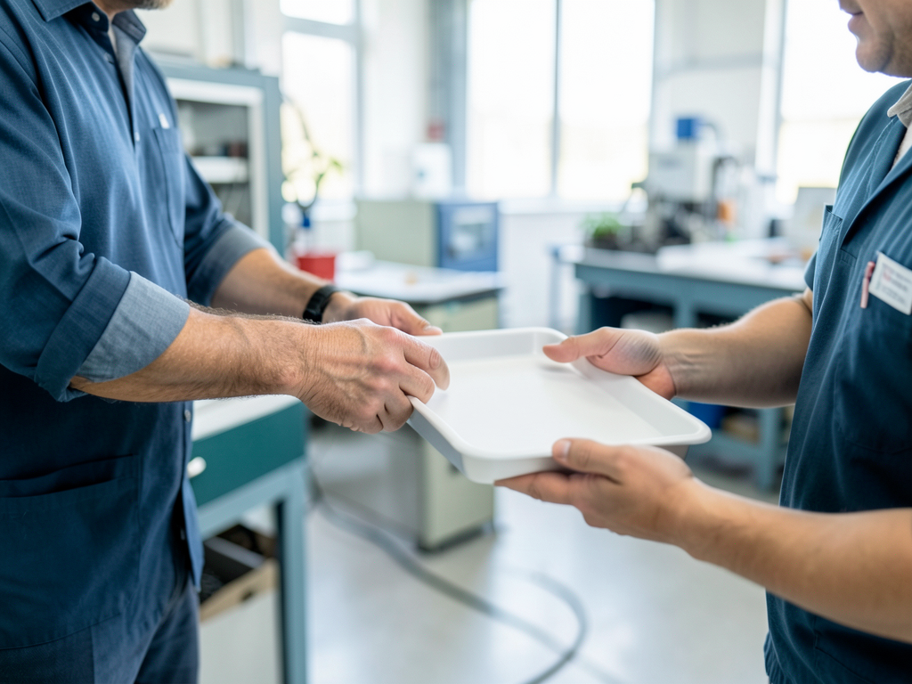 A plant operations colleague hands a white sample tray to a customer-facing teammate in a bright manufacturing workshop.