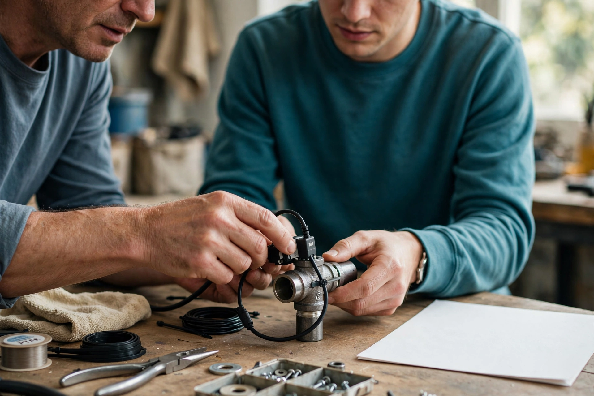 Two men are focused on assembling a pipe fitting with attached wires on a wooden workbench.
