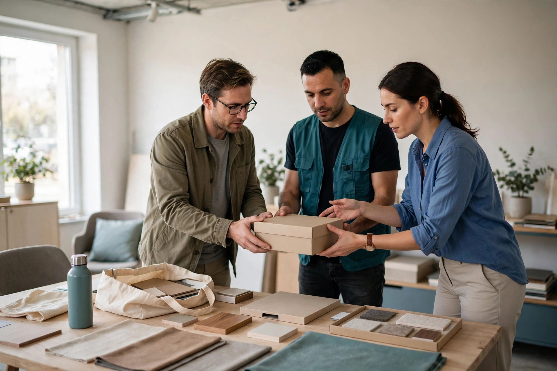 Three people stand around a table with sample materials, handing a box to each other in a bright room.