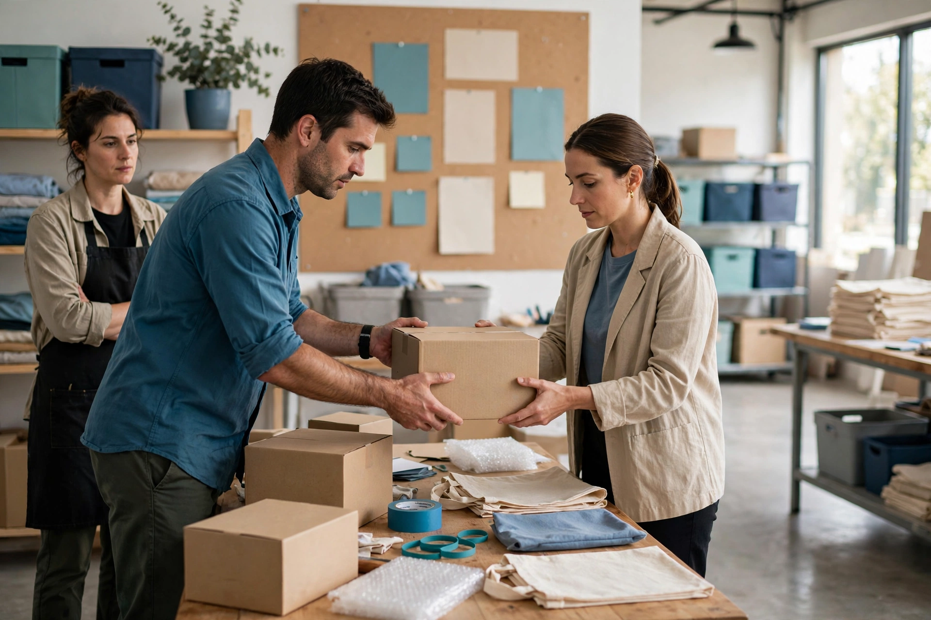 A man hands a box to a woman while another woman watches in a studio with shelves of materials.
