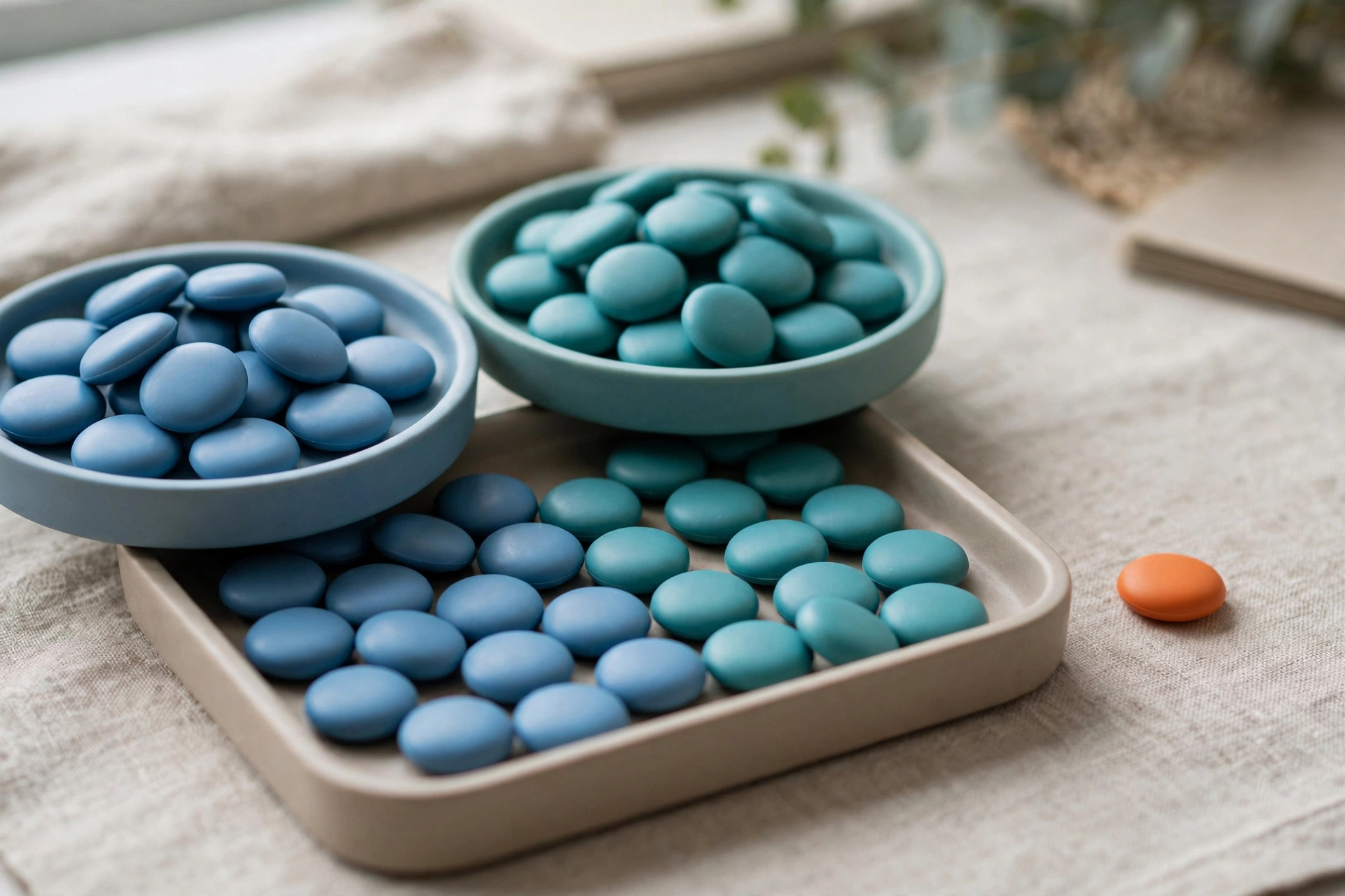 Two shallow bowls of blue and teal tokens are shown, with tokens spilling into a larger tray, and one orange token sits to the side.