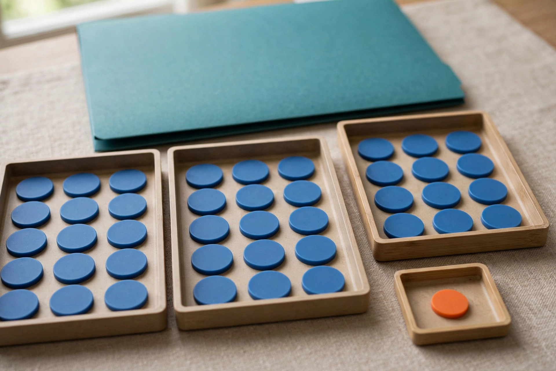 Blue tokens are distributed in trays, with one orange token in a separate tray, representing resource allocation and an exception.