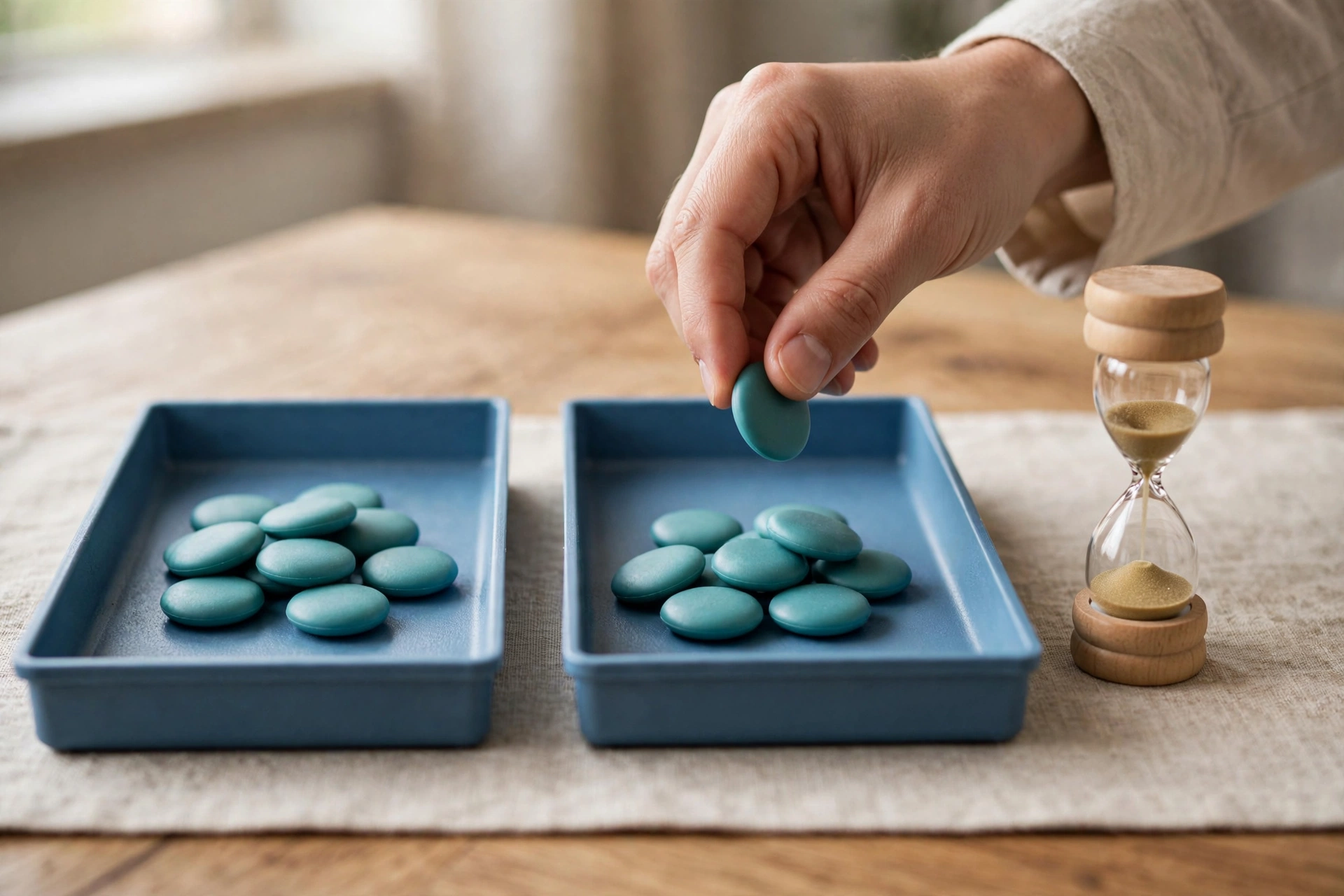 A hand places a teal token into a blue tray next to another tray and an hourglass on a wooden table.