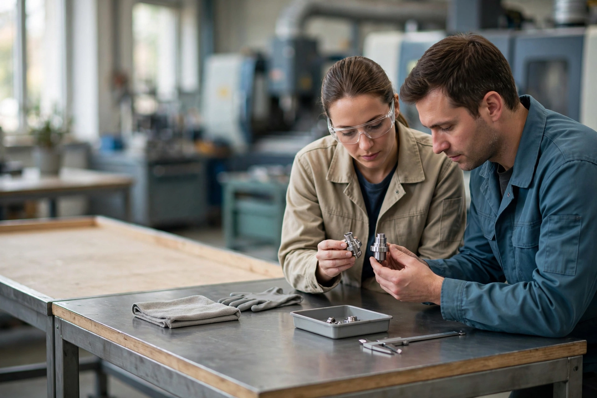 A man and a woman in a manufacturing setting compare two metal parts while looking down at them.