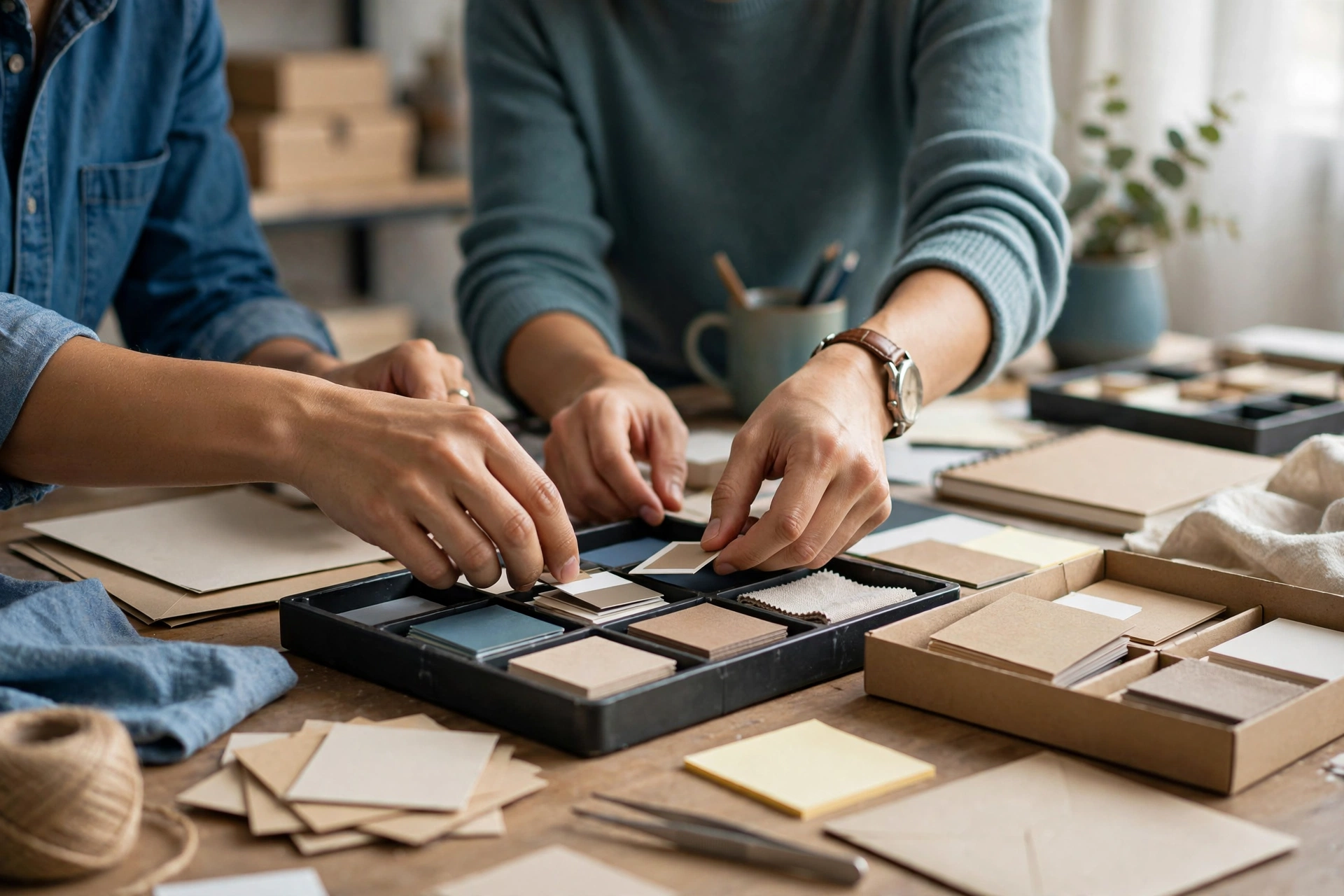 Two people are working together at a wooden table, examining small samples in a tray.