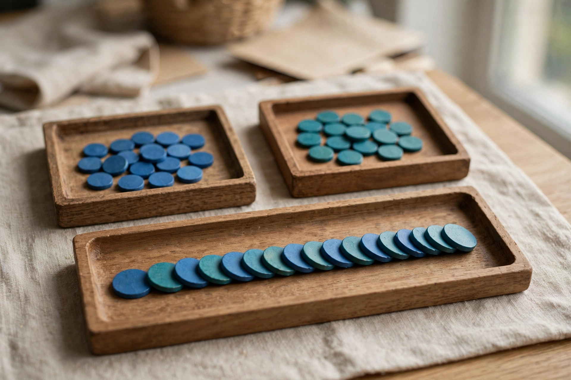 Two small wooden trays hold separate piles of blue and teal tokens, with a larger tray in front showing a neat sequence of both colors combined.