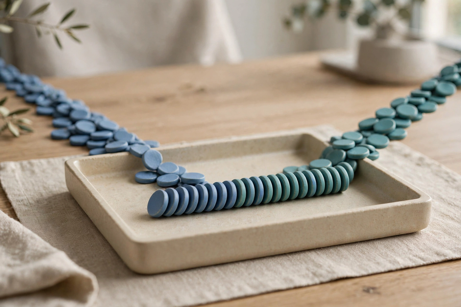 Two streams of blue and teal tokens converge into a single ordered row within a shallow sorting tray on a wooden surface.