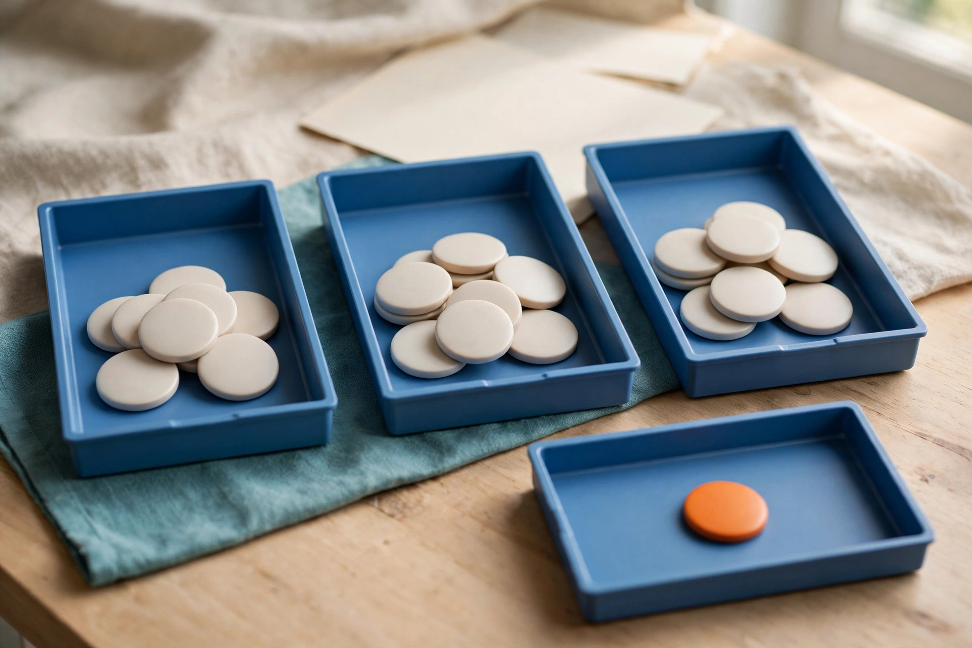 Three blue trays hold stacks of blank tokens, with a fourth tray containing a single orange token on a wooden surface.