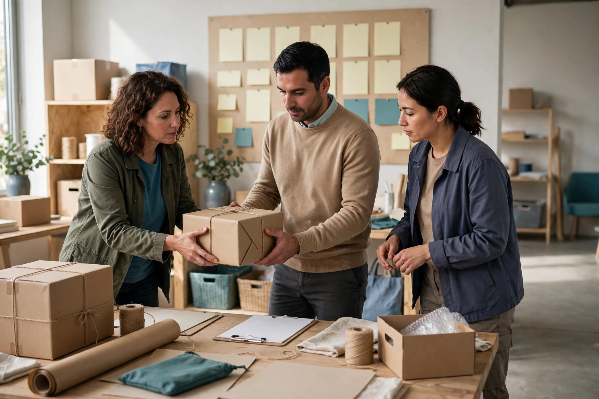 A woman hands a package to a man while another woman watches, in a bright studio with shelves of boxes.