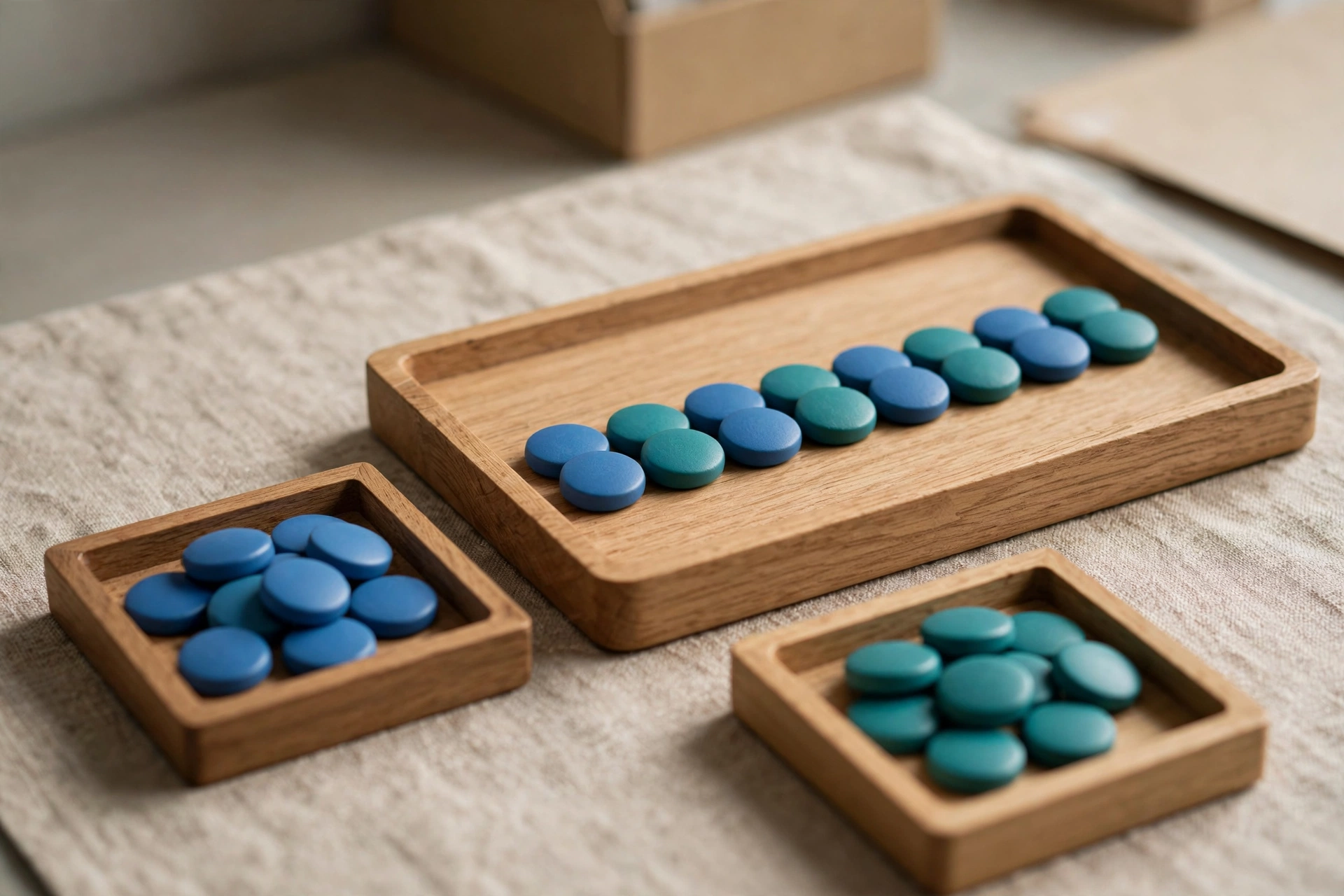 Three wooden trays with blue and teal tokens arranged to show integration and recovery.