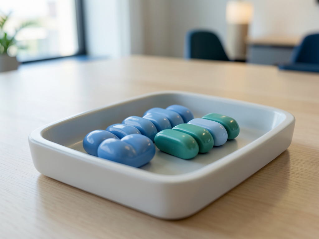 Blue and teal ceramic tokens are arranged in two separate rows that converge into a single ordered row within a white tray on a wooden surface.
